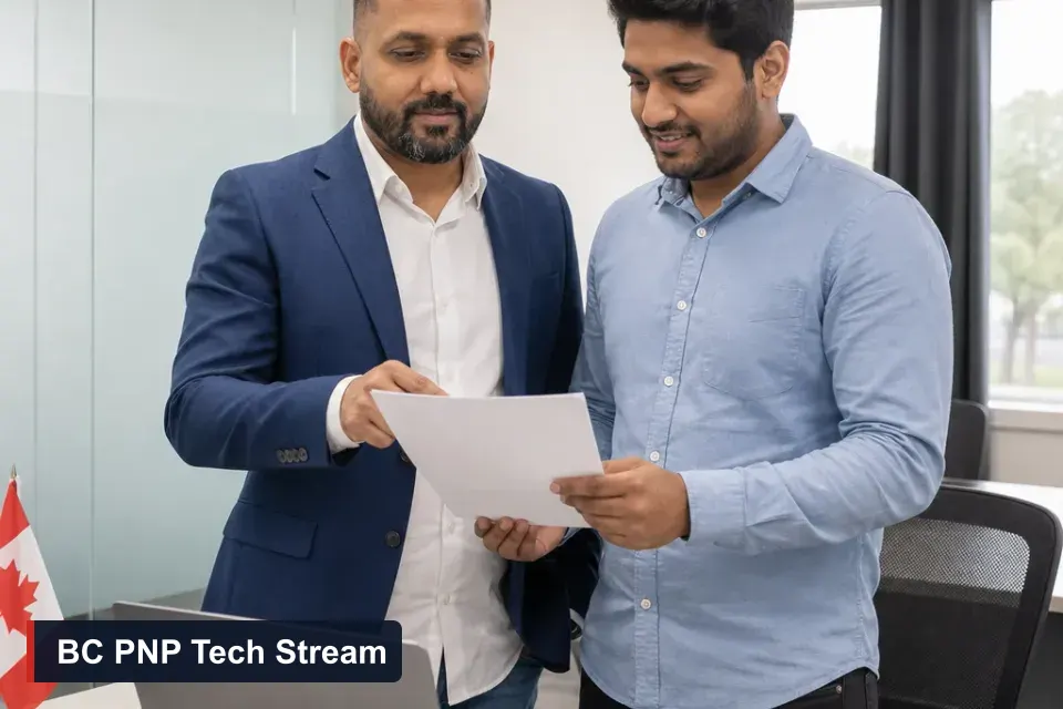 BC PNP Tech Stream: Sanjay Singh Kumar, RCIC at VMC Immigration, reviews a tech job offer with a software developer client in the Brampton office
