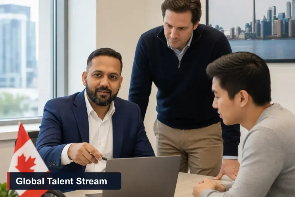 Global Talent Stream for employers: Sanjay Singh Kumar, RCIC at VMC Immigration, meets a Brampton tech employer and a newly hired foreign software developer in a tech office.
