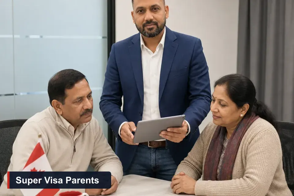 Super Visa for parents: Sanjay Singh Kumar, RCIC at VMC Immigration, reviews a Super Visa invitation and insurance details with visiting parents in the Brampton office