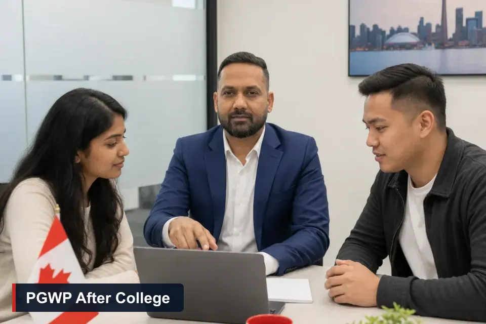 PGWP after college program: Sanjay Singh Kumar, RCIC at VMC Immigration, explains post‑graduation work permit options to two international college graduates in the Brampton office