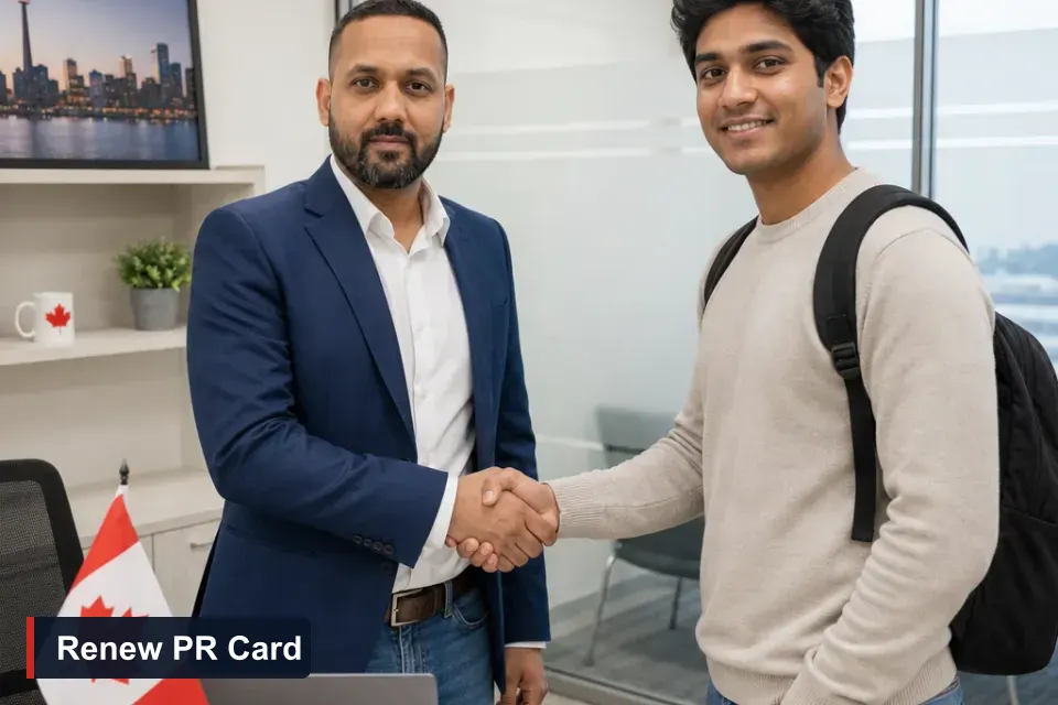 Renew PR card from outside Canada: Sanjay Singh Kumar, RCIC at VMC Immigration, shakes hands with a client in the Brampton office while reviewing documents on a laptop.